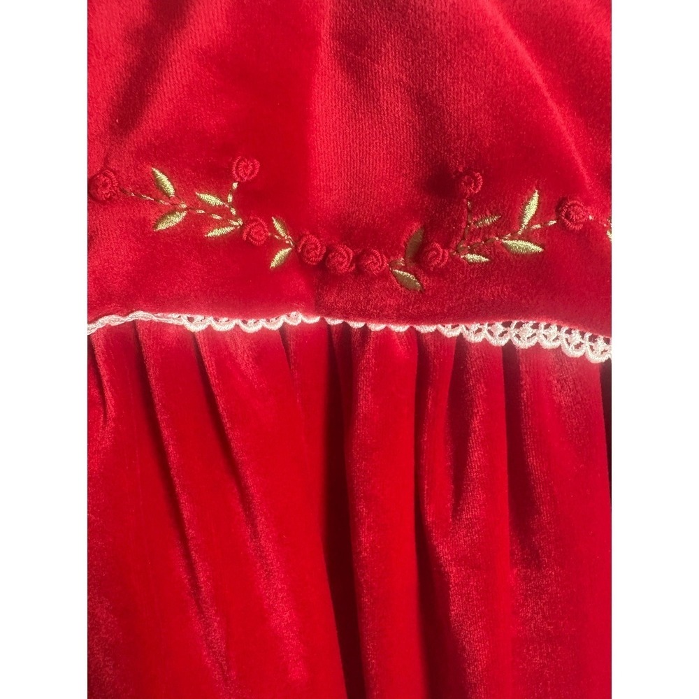 Girls‎ Red Velvet Dress Rose Embroidery Peter Pan Collar Puff Sleeve